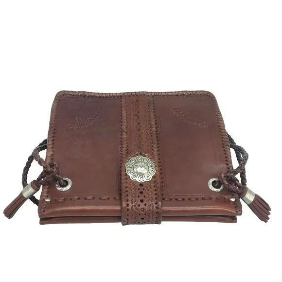 Brown Leather Southwestern Shoulder Bag Two Handle Concho Handmade Morocco - Picture 4 of 15